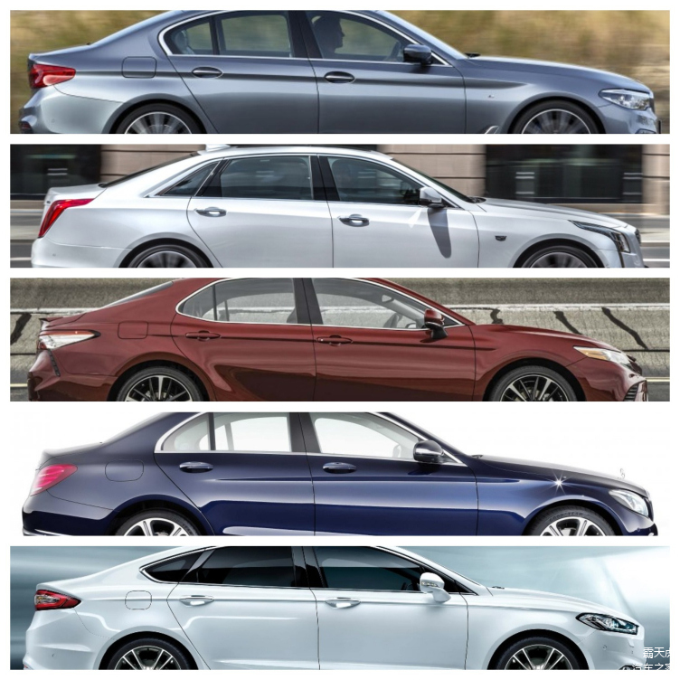 从上至下分别为全新BMW5系、凯迪拉克CT6、全新丰田凯美瑞、奔驰C级以及福特蒙迪欧的车身腰线设计。