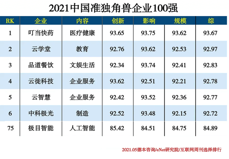 「2021 中国准独角兽企业100强」 榜单截图