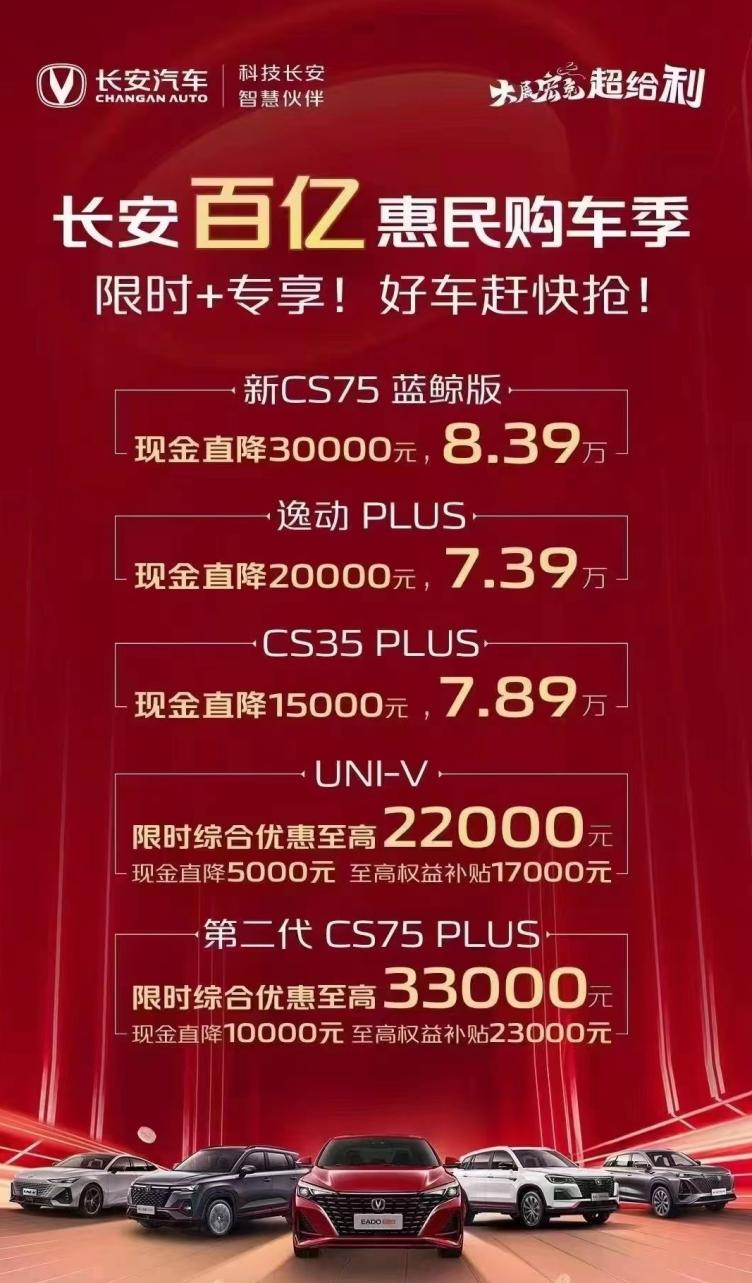 长安汽车发布综合优惠细节：5款车最大优惠33万元车家号发现车生活汽车之家 2721