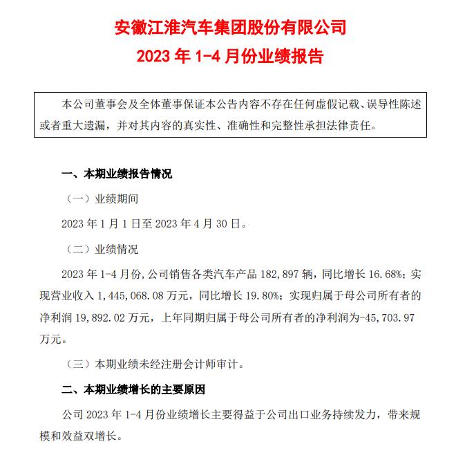 图片来源：江淮汽车2023年1-4月份业绩报告