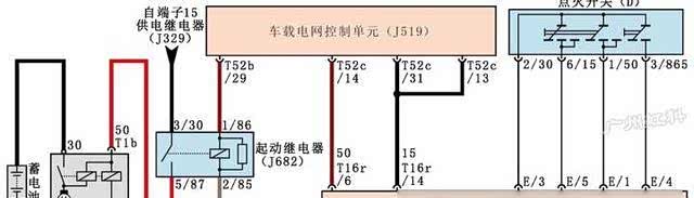 最终,j519通过t52b/29端子控制启动继电器(j682)工