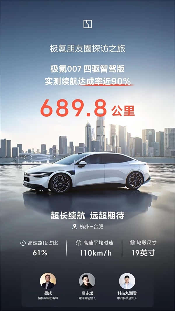 极氪007杭州至合肥满电续航近6898km达成率亮眼