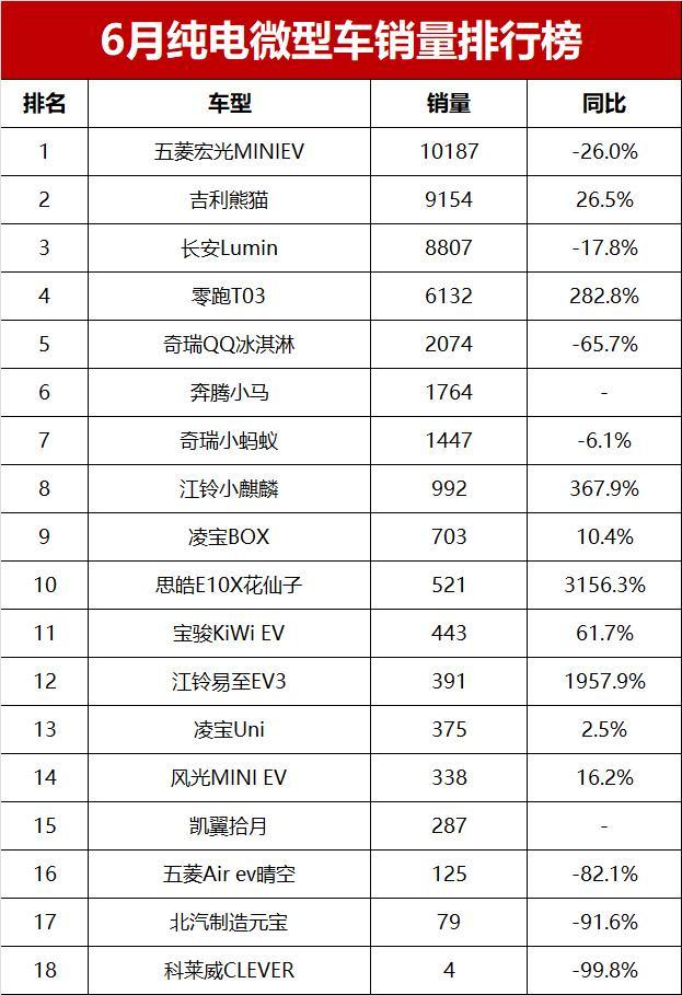 新能源购置税新政实施,6月纯电微型车表现如何?销量排行榜出炉