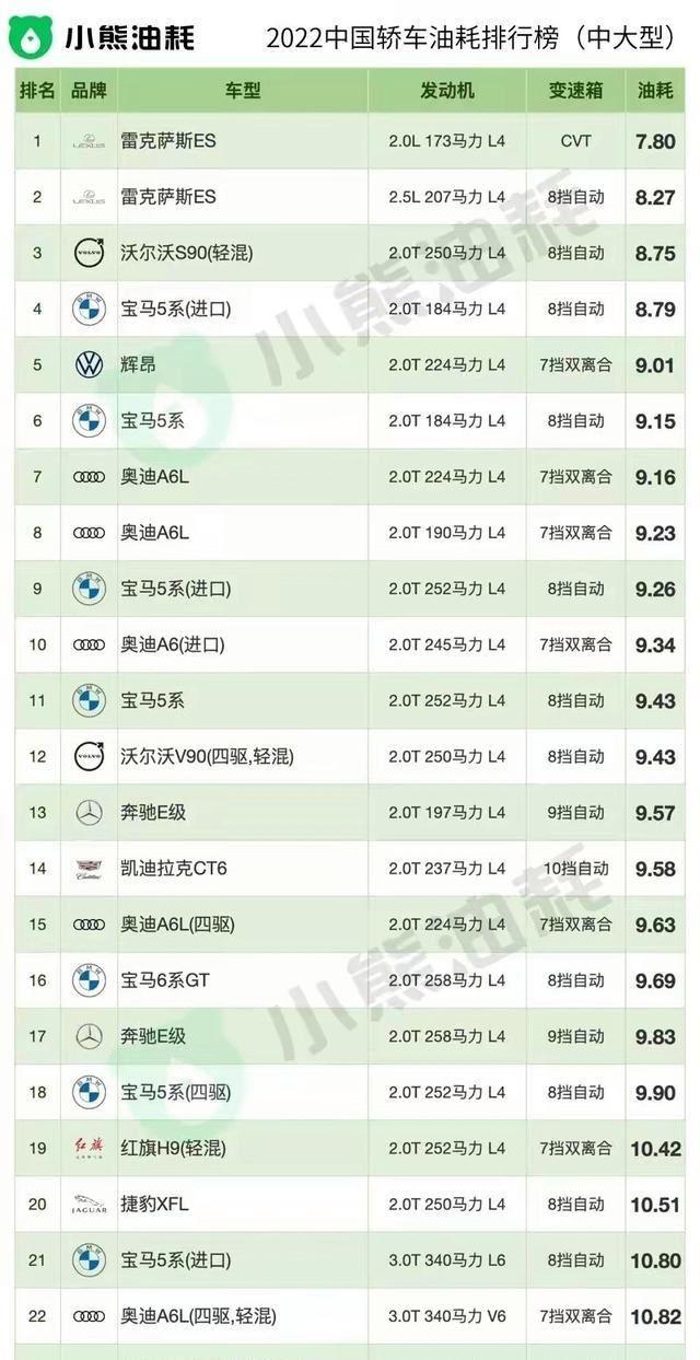 汽车油耗排名最低图片