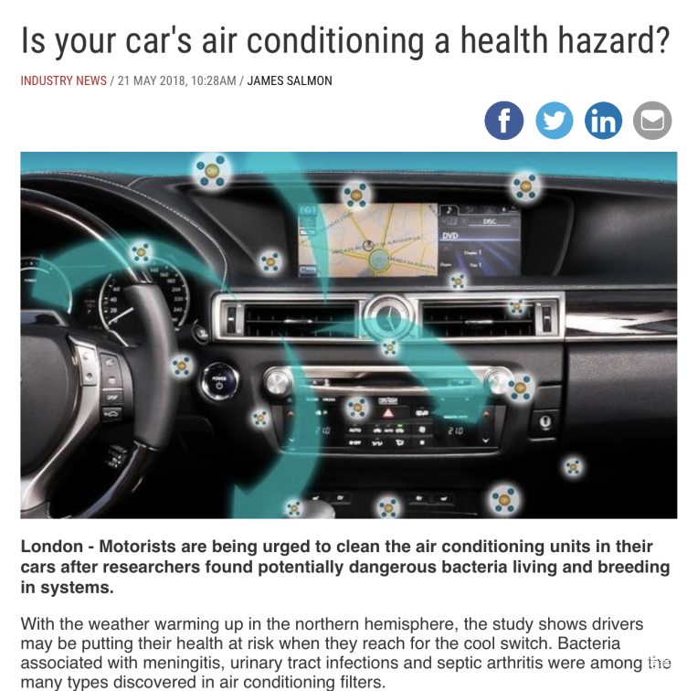 ▲英国媒体报道了汽车空调可能传播疾病的研究成果